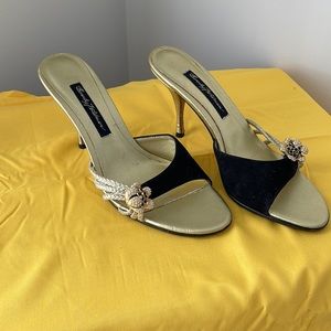 Beverly Feldman black and gold open toed shoes